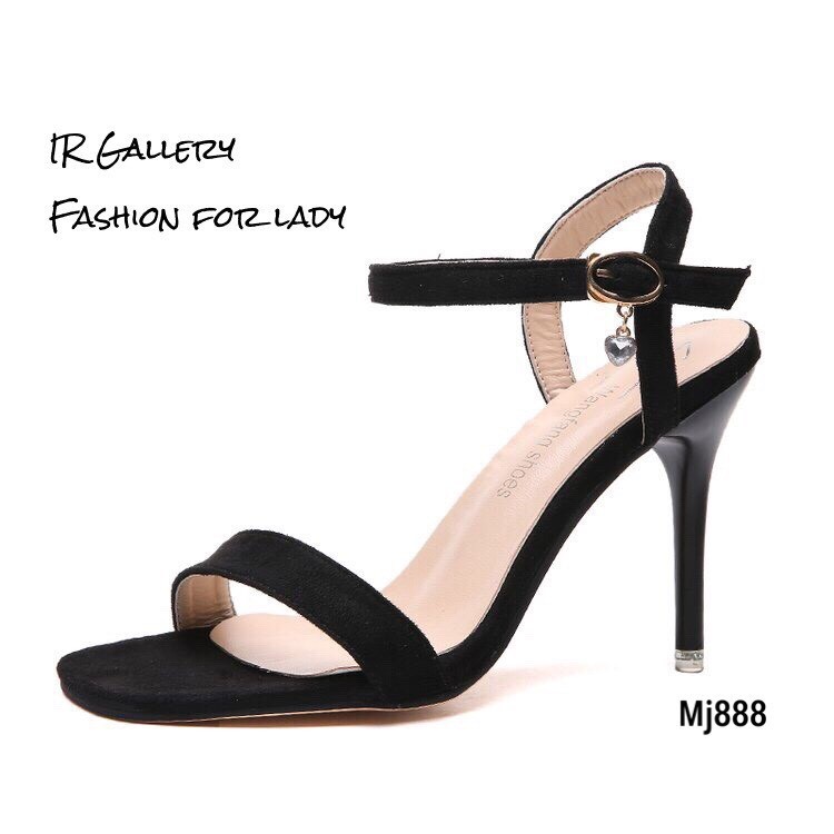 รองเท้าส้นเข็มหนังกลับแต่งอะไหล่เพชร (สีชมพู)