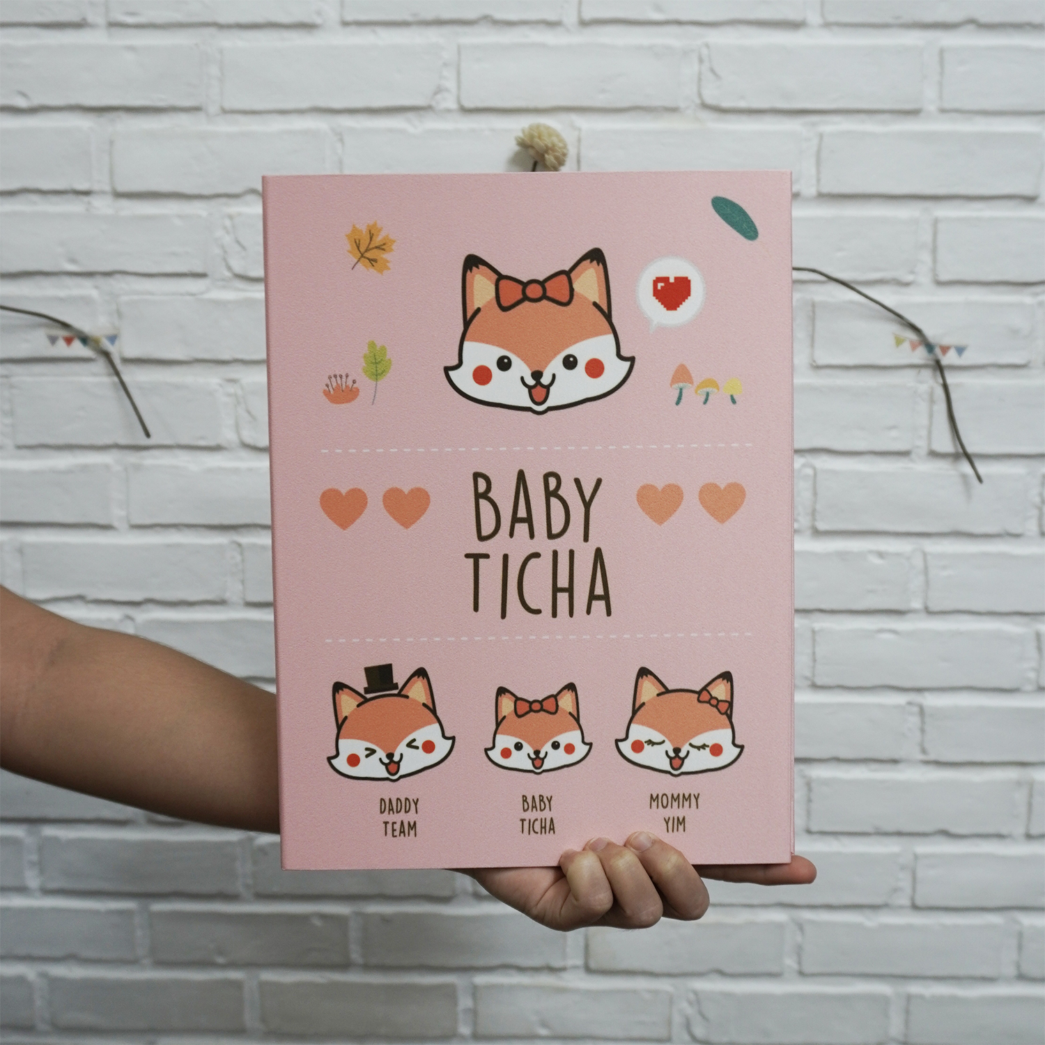 แฟ้มทะเบียนสมรส/สูติบัตร สั่งทำใส่ข้อความ ลาย Fox - Pink