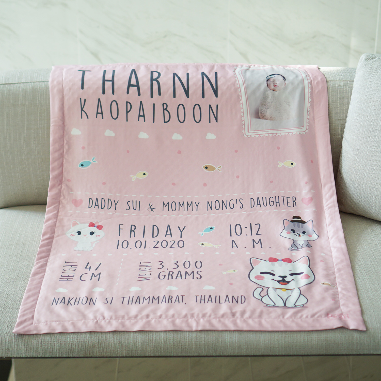 ผ้าห่มเด็ก ใส่ประวัติแรกเกิด ลาย Kitten - Pink + ใส่รูปถ่าย