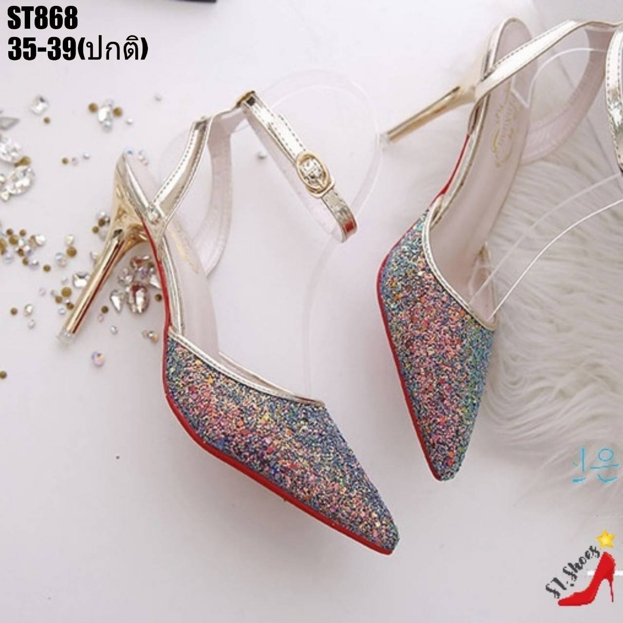 รองเท้าส้นสูงกลิตเตอร์ส้นทอง (สีรุ้ง)