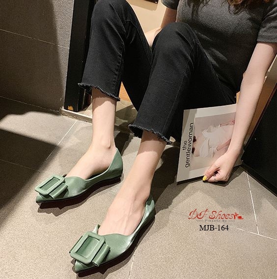 รองเท้าคัทชูส้นแบนแต่งโบว์เข็มขัด (สีเขียว)