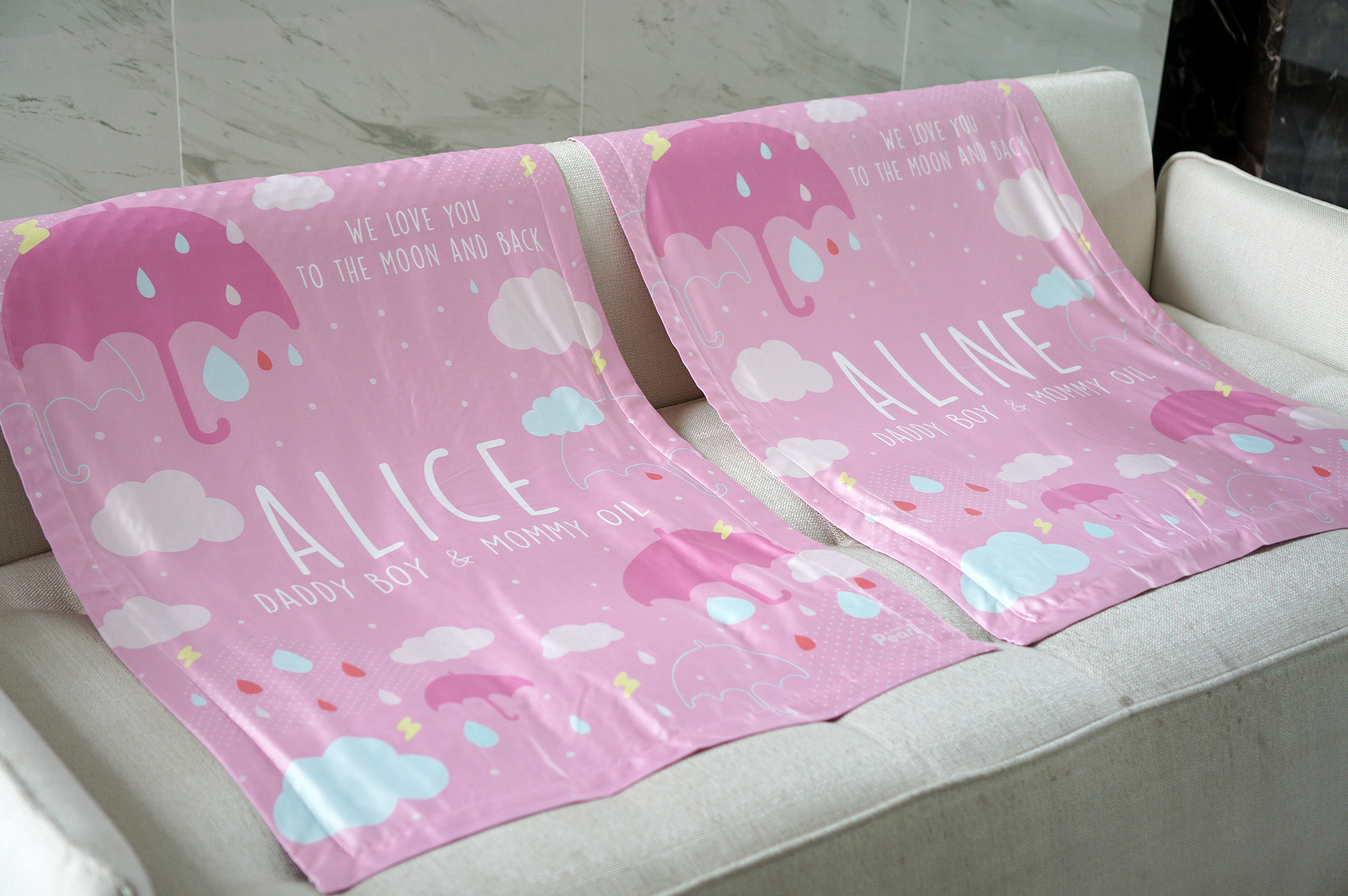 ผ้าห่มเด็ก ใส่ชื่อ ลาย Raindrops - Pink