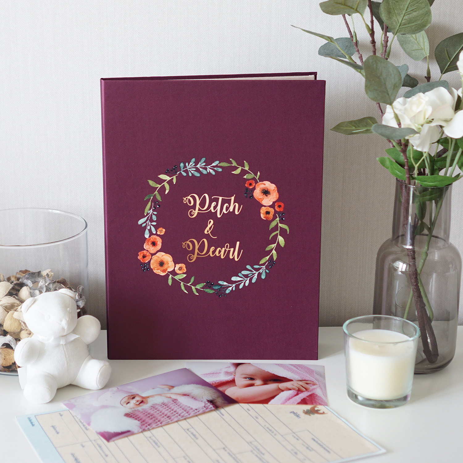 แฟ้มทะเบียนสมรส/สูติบัตร สั่งทำใส่ข้อความ ลาย Water colour Flower Frame - Burgundy