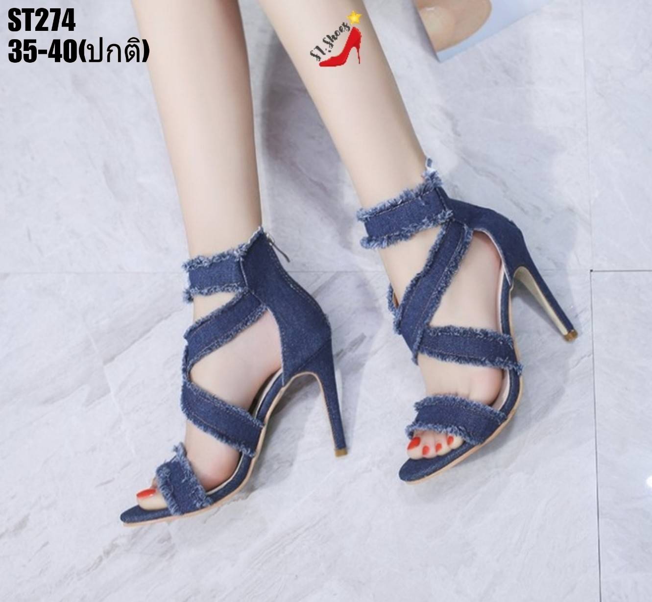 รองเท้าส้นสูงผ้ายีนส์สายไขว้ (สียีนส์อ่อน)
