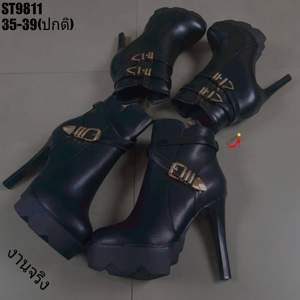 รองเท้าบูทส้นเข็มแต่งเข็มขัด (รุ่นเส้นเดียว)