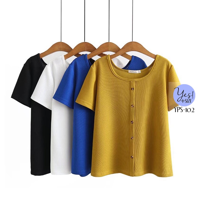 เสื้อยืดสาวอวบ (XL-4XL) อกถึง 52+นิ้ว คอกลมกว้าง ผ้ายืดดีมาก กระดุมหลอกลายกระ สีเหลือง/ดำ/น้ำเงิน/ขาว YPS-102