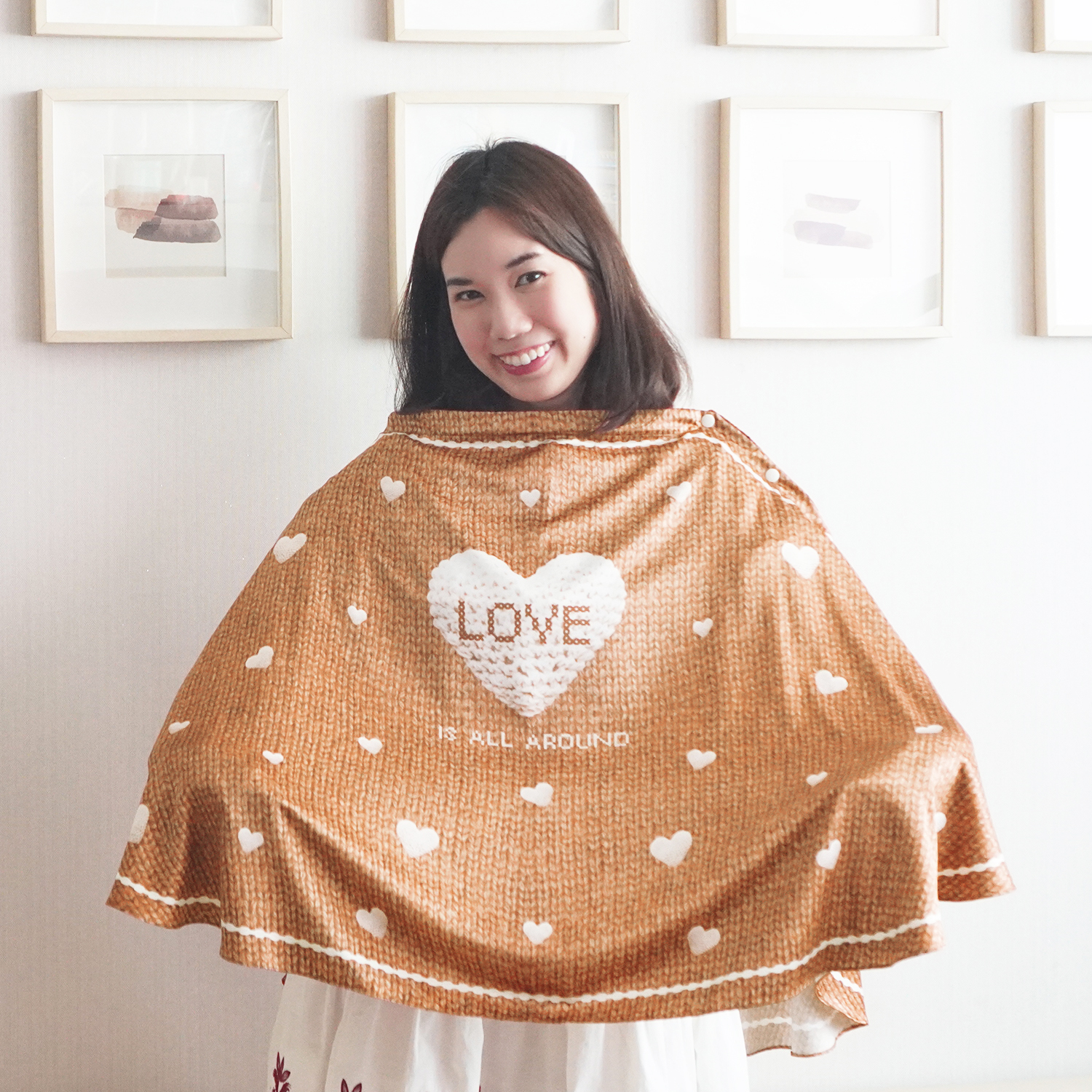 ผ้าคลุมให้นม (รุ่นมีกระดุม ถอดโครงได้) พร้อมส่ง ลาย Knitted Heart - Brown