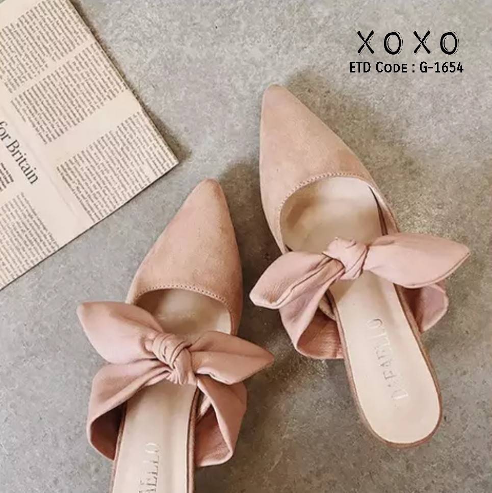 รองเท้าคัทชูเปิดส้นแต่งโบว์ (สีดำ)