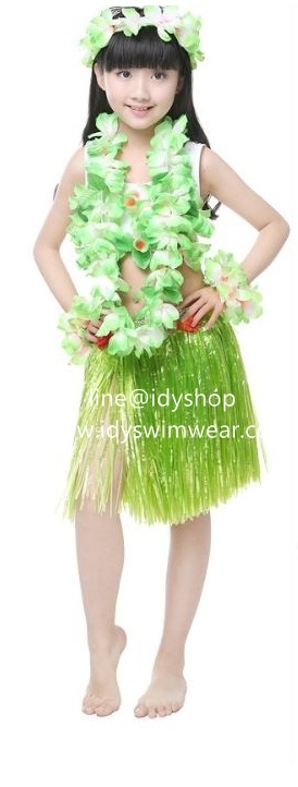 รุ่นเด็ก แบบที่ 3 ขนาดยาว 40 cm สีเขียว กระโปรงเชือกฟาง ฮาวาย อย่างหนา+ เซทพวงมาลัยดอกไม้ 4 ชิ้น+บราดอกไม้