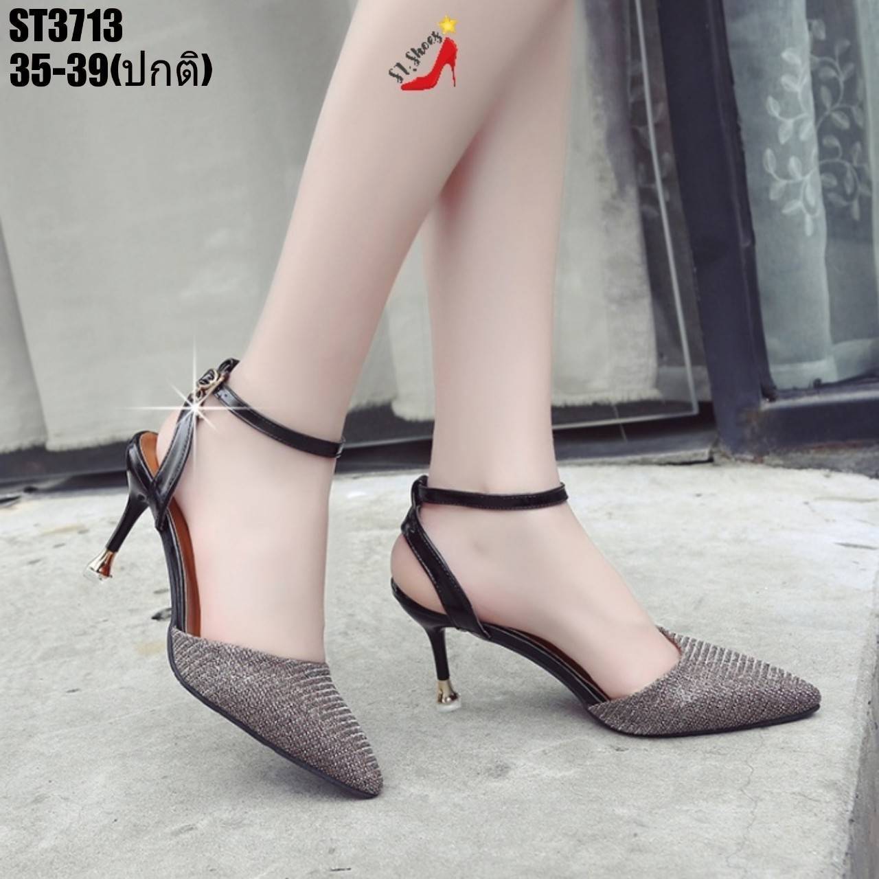 รองเท้าส้นสูงเหลือบกลิตเตอร์รัดข้อ (สีทอง)