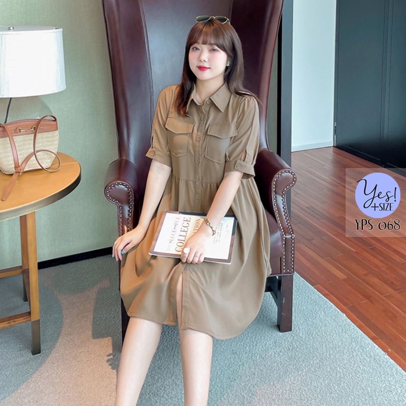 ชุดเดรสสั้นสาวอวบ อก 40-50 นิ้ว เดรสคอปกแขนสั้น กระเป๋าคู่ สีน้ำตาล YPS-068