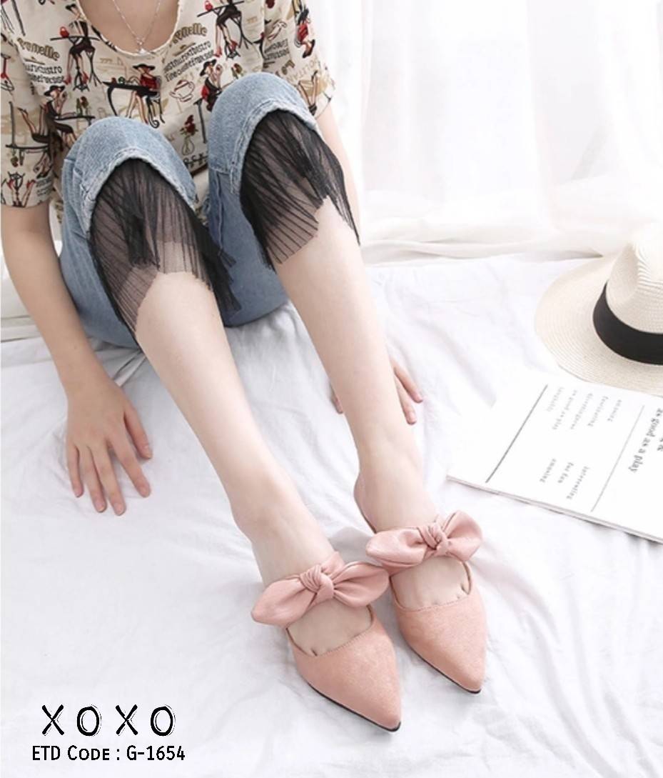 รองเท้าคัทชูเปิดส้นแต่งโบว์ (สีชมพู)