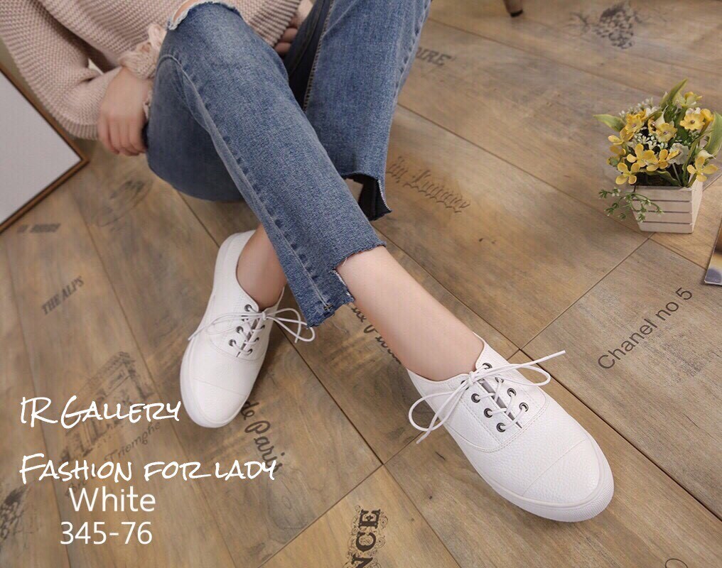 รองเท้าผ้าใบหนังพียูเรียบ (สีชมพู)