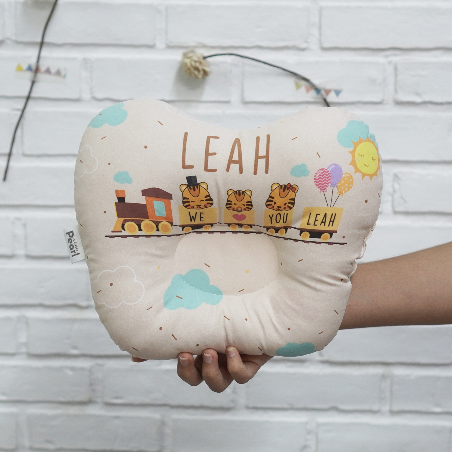 หมอนเด็ก หมอนหลุม Baby Pillow สั่งทำใส่ชื่อ ลาย Train with Tiger - Cream