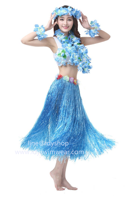 แบบที่ 3 ขนาดยาว 80 cm สีฟ้า กระโปรงเชือกฟาง ฮาวาย อย่างหนา + เซทพวงมาลัยดอกไม้ 4 ชิ้น+บราดอกไม้