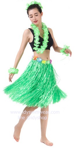 แบบที่ 2 ขนาด 60 cm สีเขียว กระโปรงเชือกฟาง ฮาวาย อย่างหนา + เซทพวงมาลัยดอกไม้ 4 ชิ้น