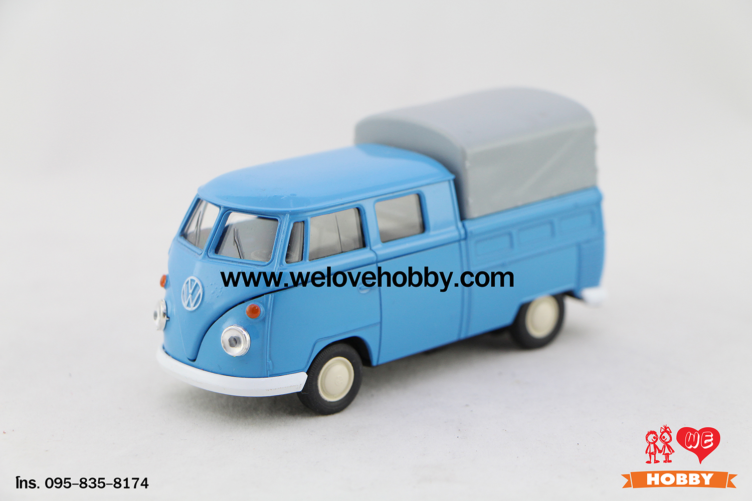 โมเดลรถกระบะโฟล์คคลาสสิค Volkswagen Type 1 Double Cabin Pick Up สีน้ำเงิน มีหลังคากระบะ Scale 1:34-1:39