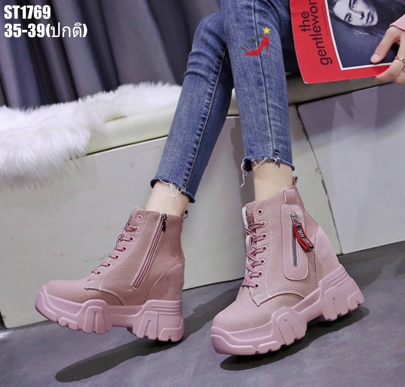 รองเท้าผ้าใบแฟชั่นแต่งซิปทรงหุ้มข้อสูง (สีดำ)