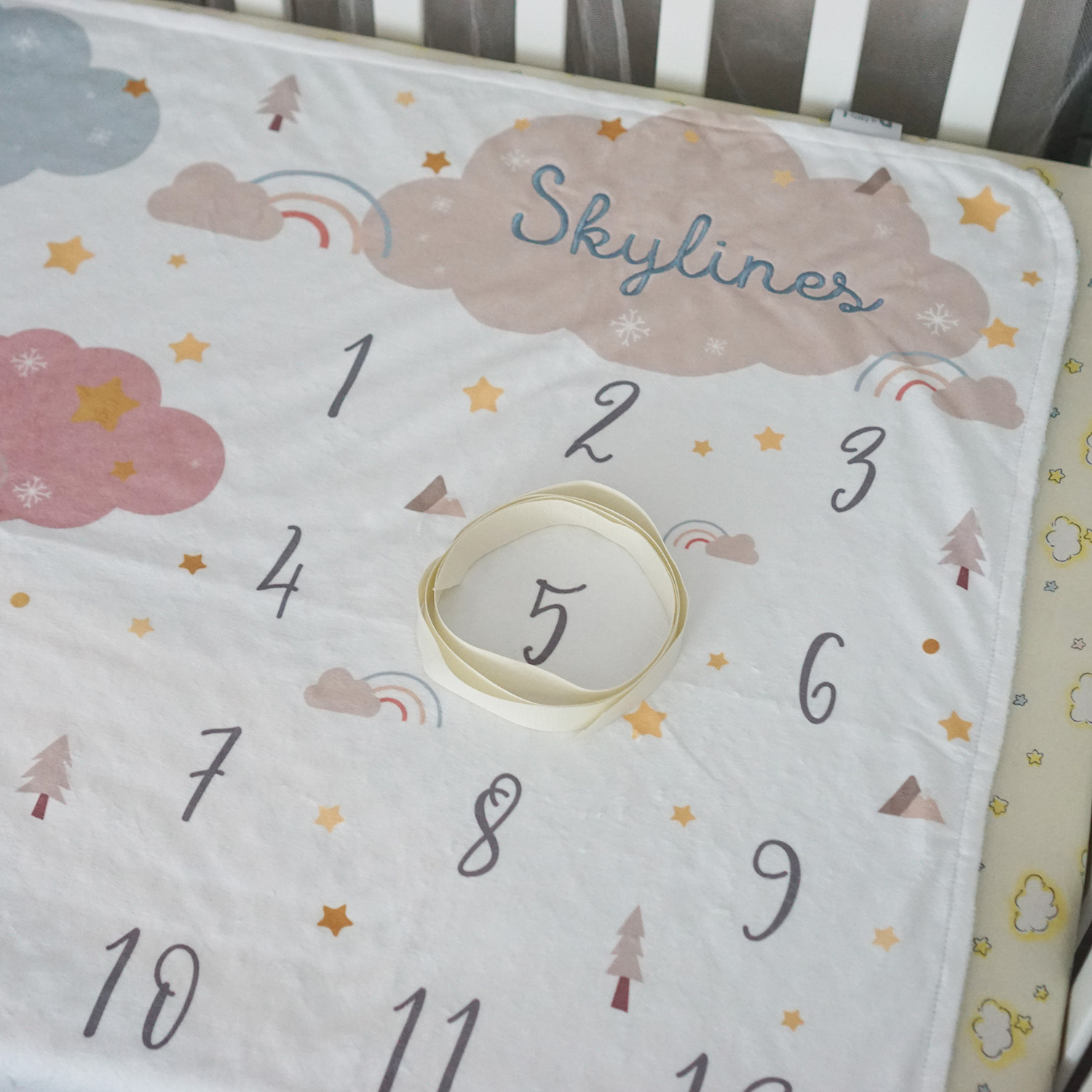 ผ้าห่ม Minky ลาย Woodland - Milestone 75x100cm แบบปักชื่อ ด้านหลังสีฟ้า