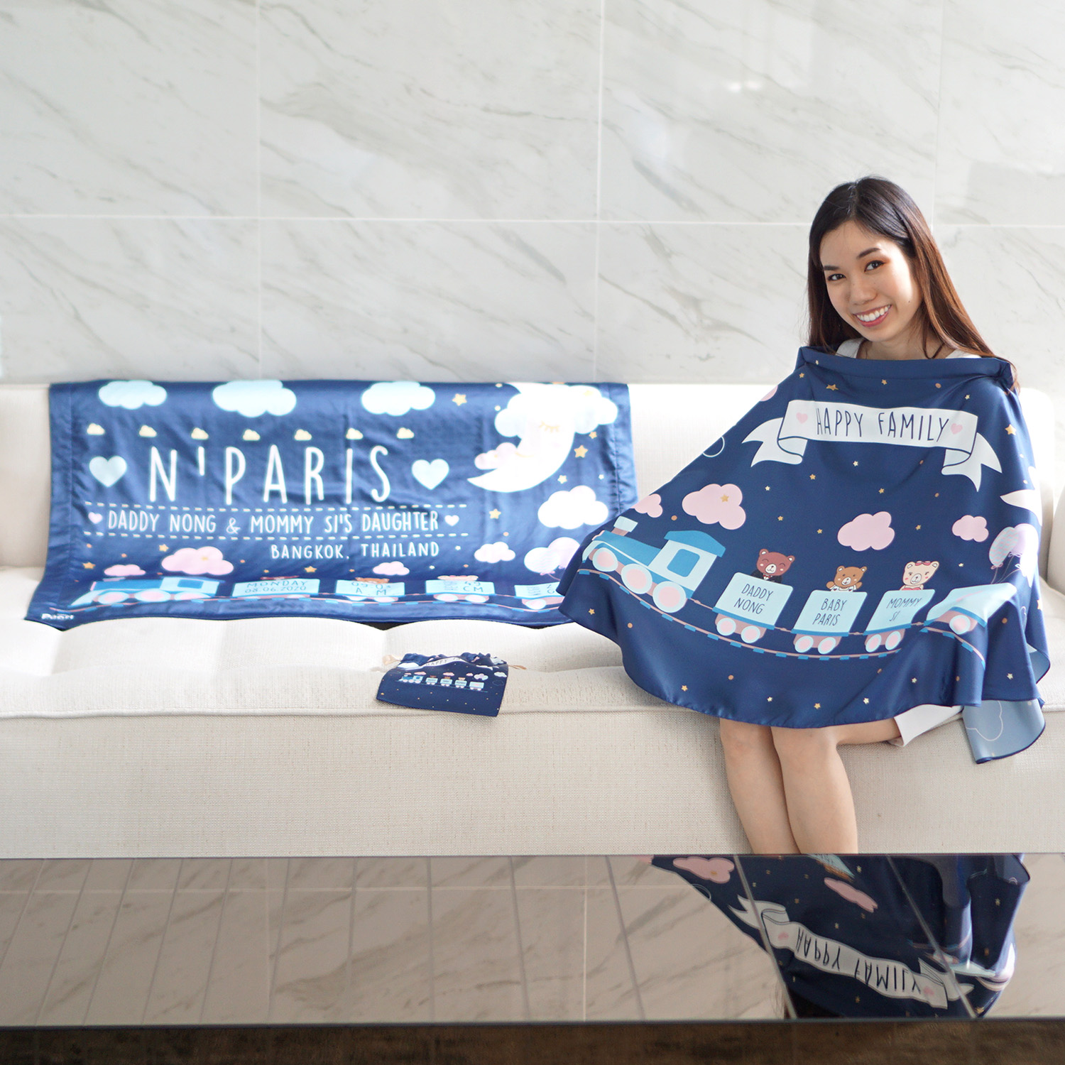 ชุดของขวัญเด็กแรกเกิด ผ้าคลุมให้นม + ผ้าห่มขนาด 75x100cm ลาย Train - Navy