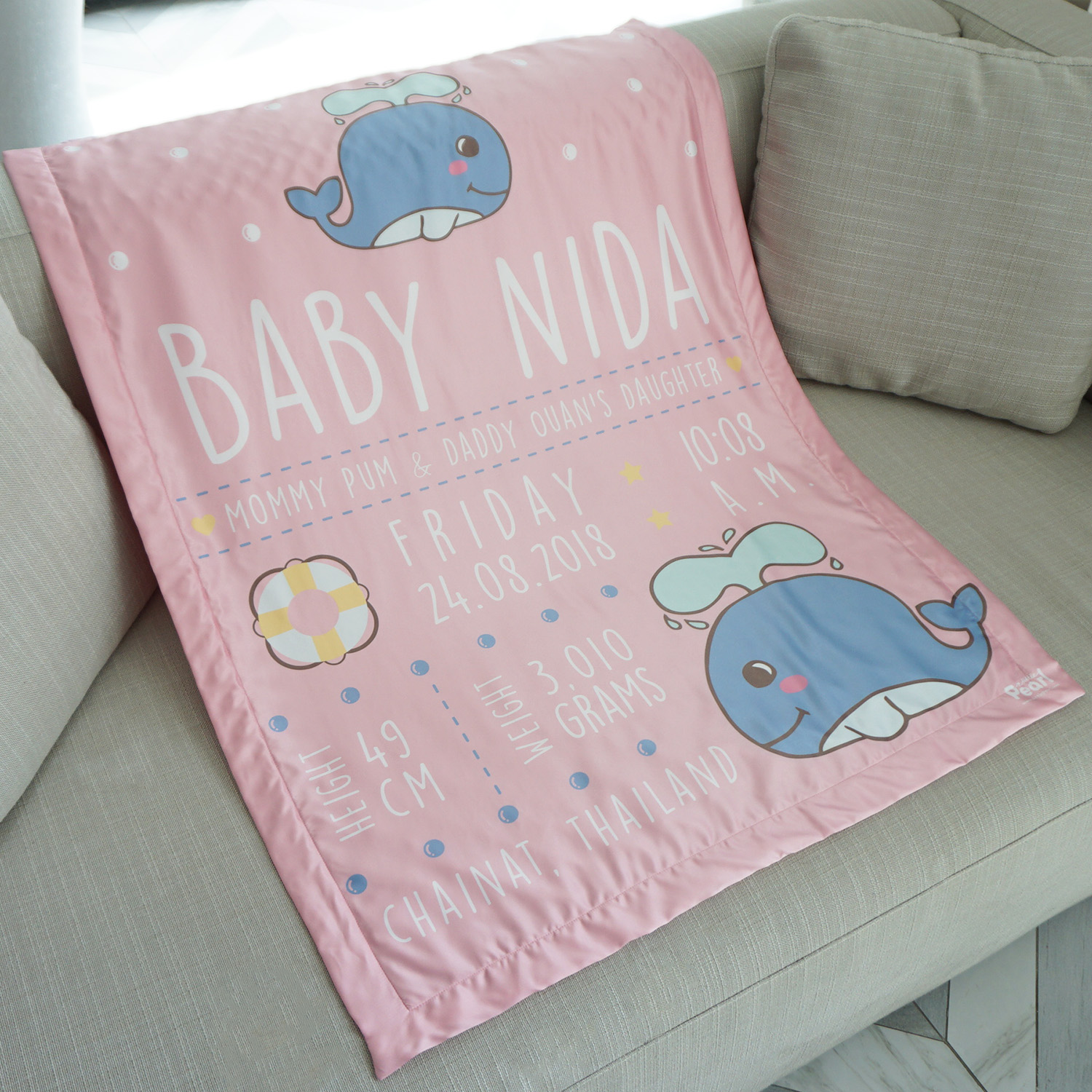 ผ้าห่มเด็ก ใส่ประวัติแรกเกิด ลายวาฬ สีชมพู / Whale - Pink