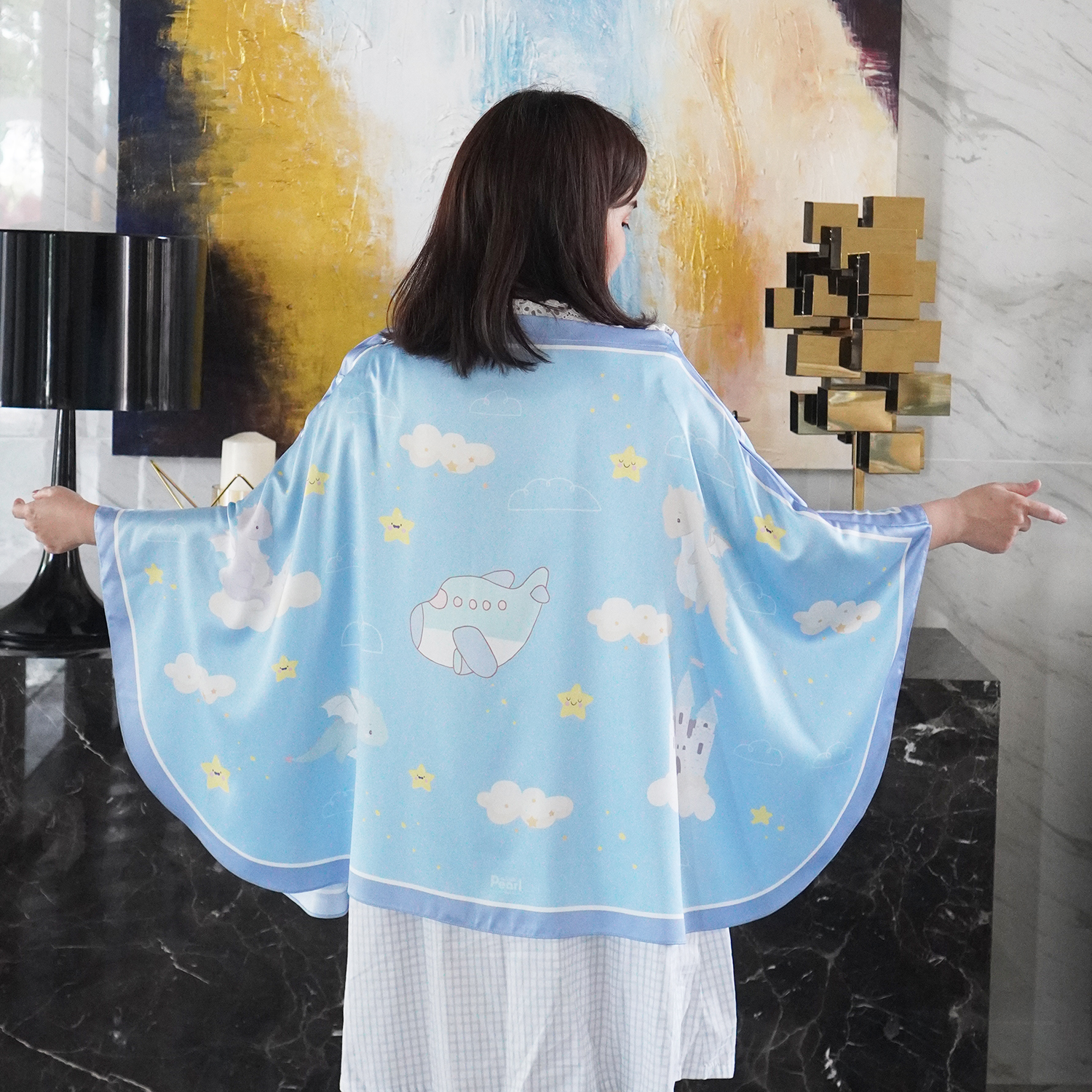 ผ้าคลุมให้นม 3in1 (รุ่นมีกระดุม ถอดโครงได้) แบบสั่งทำใส่ชื่อ ลาย Dragon wiht Plane - Blue