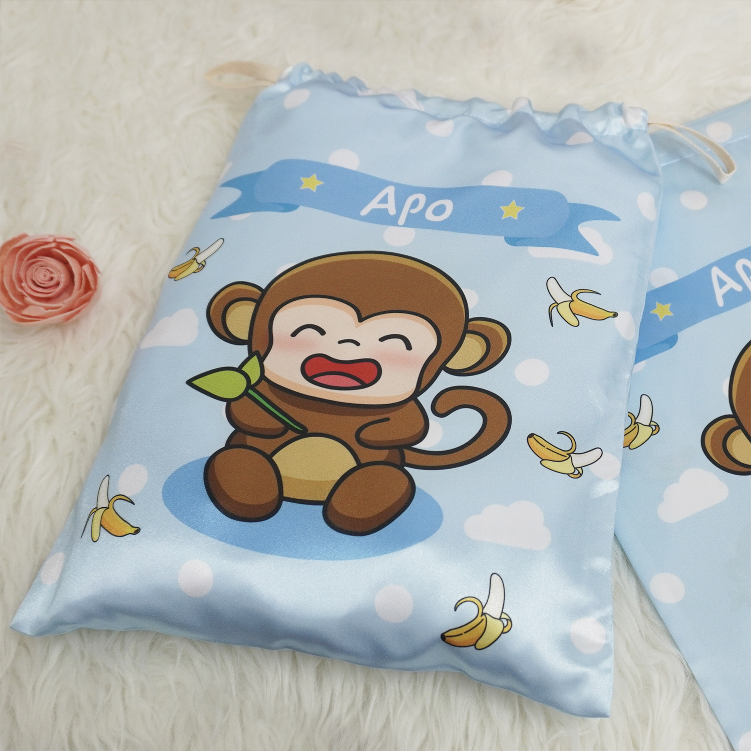 ถุงผ้าซาติน ไซส์ L สั่งทำใส่ชื่อ - Monkey - Blue