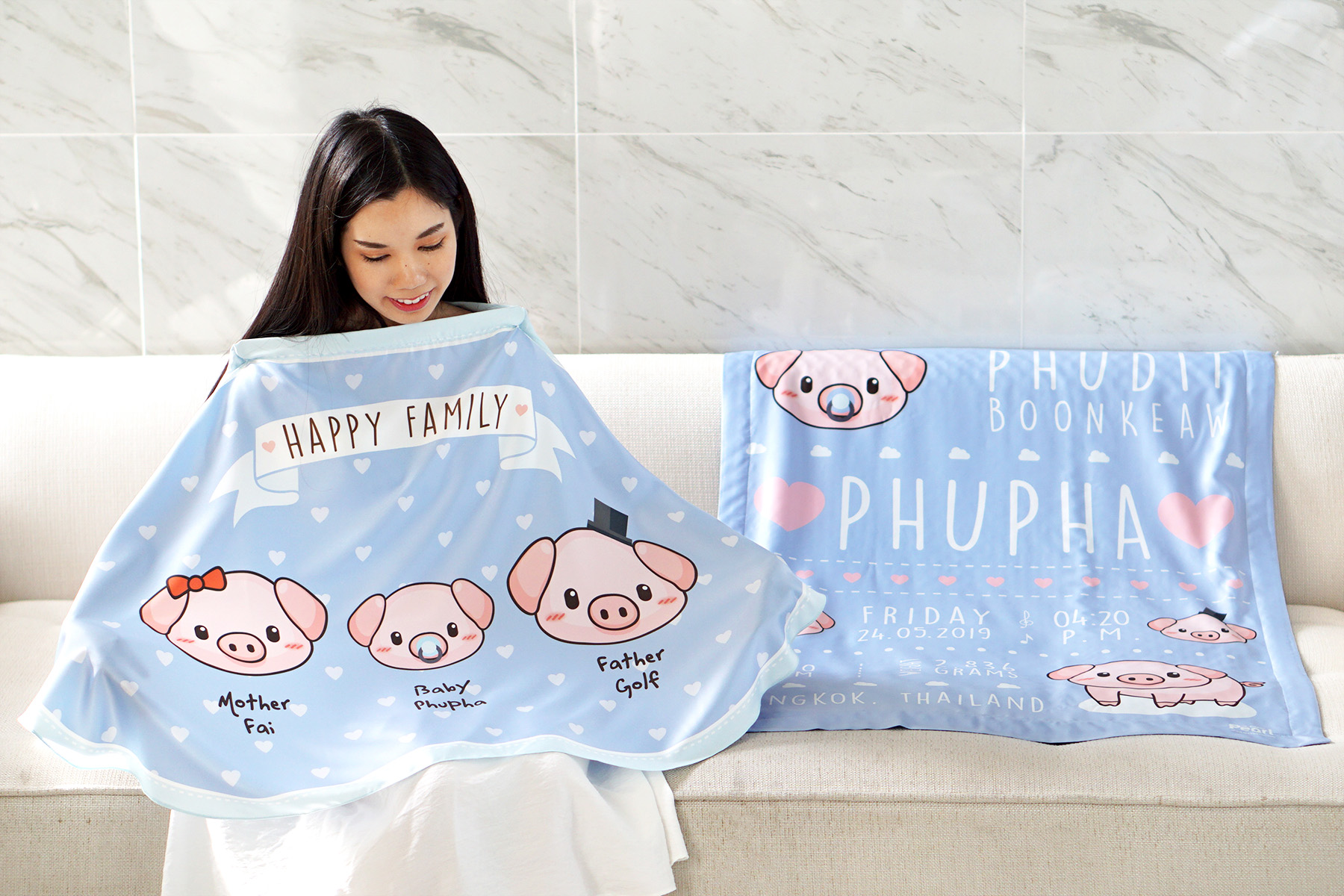 ชุดของขวัญเด็กแรกเกิด ผ้าคลุมให้นม + ผ้าห่มขนาด 75x100cm ลาย Pig - Indigo