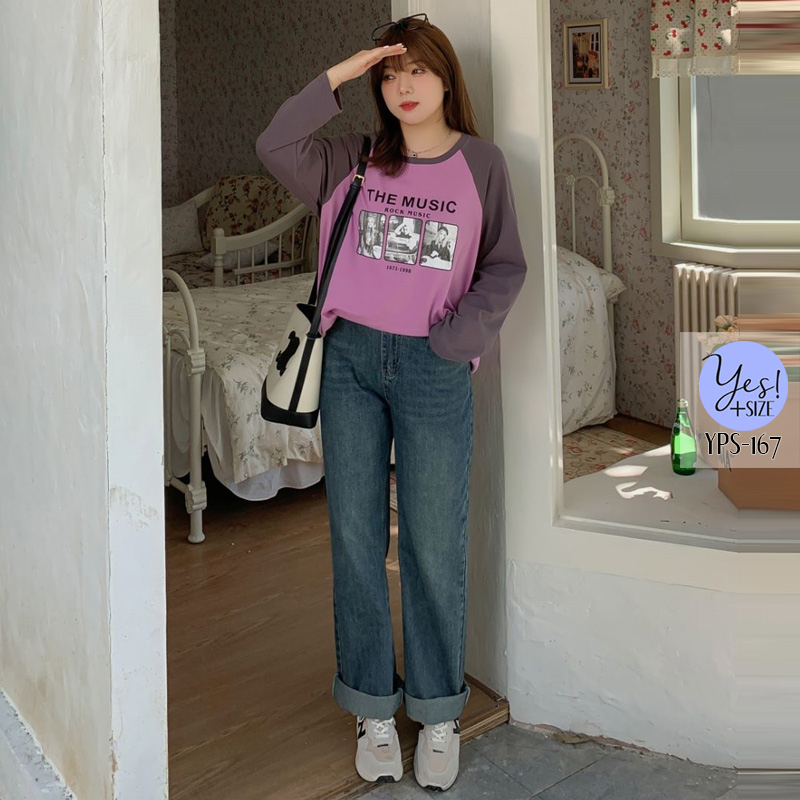 กางเกงยีนส์สาวอวบ (XL-5XL) กางเกงยีนส์เอวสูง ทรงตรง เอวยืดด้านหลัง สียีนส์/ดำ YPS-167