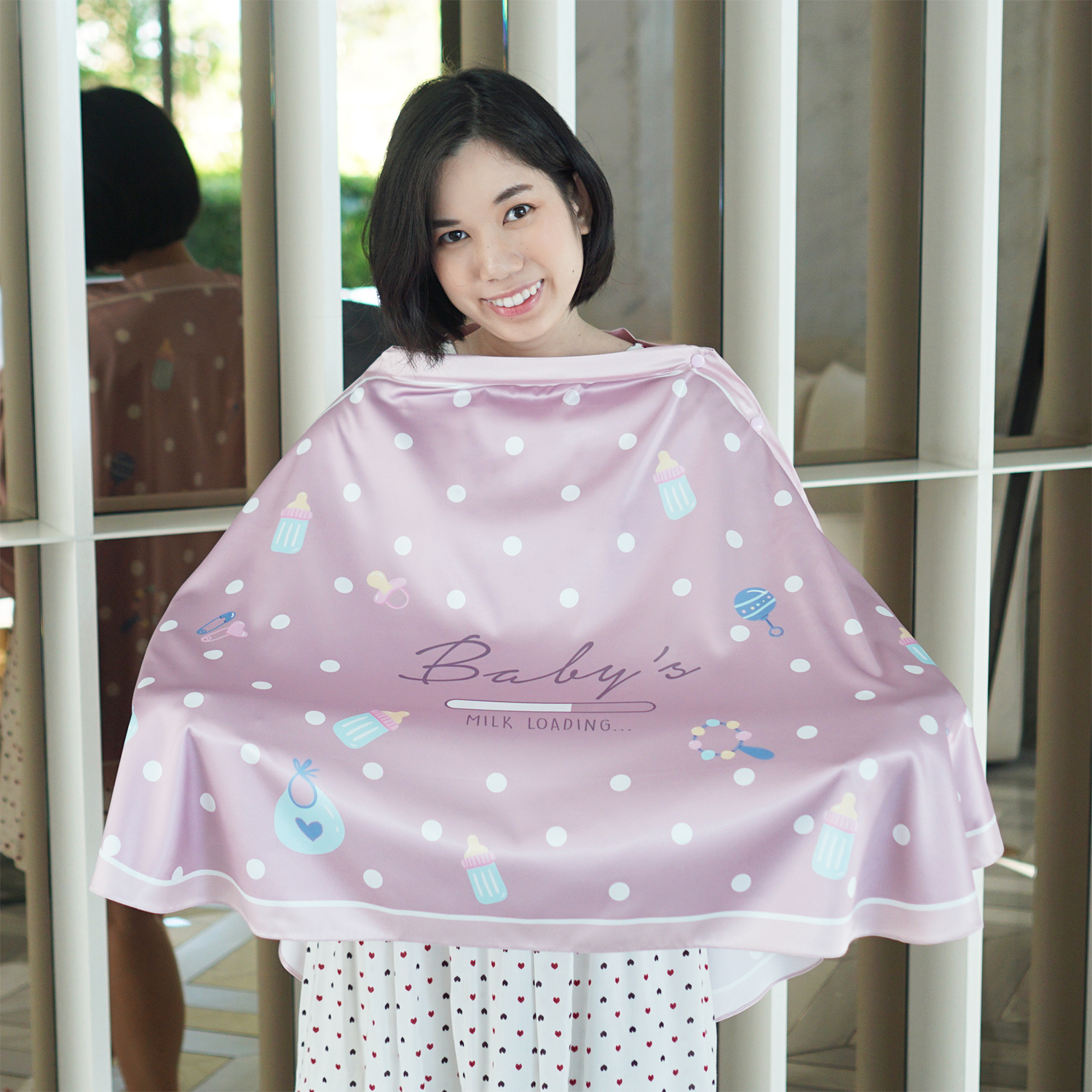 ผ้าคลุมให้นม 3in1 (รุ่นมีกระดุม ถอดโครงได้) แบบสั่งทำใส่ชื่อ ลาย Polka dot - Milk - Rose Taupe
