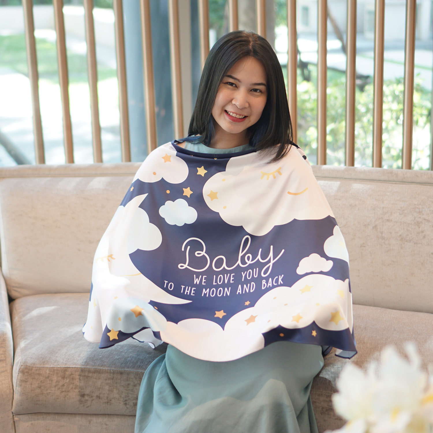 ผ้าคลุมให้นม 3in1 (รุ่นมีกระดุม ถอดโครงได้) แบบสั่งทำใส่ชื่อ ลาย Moon - Navy