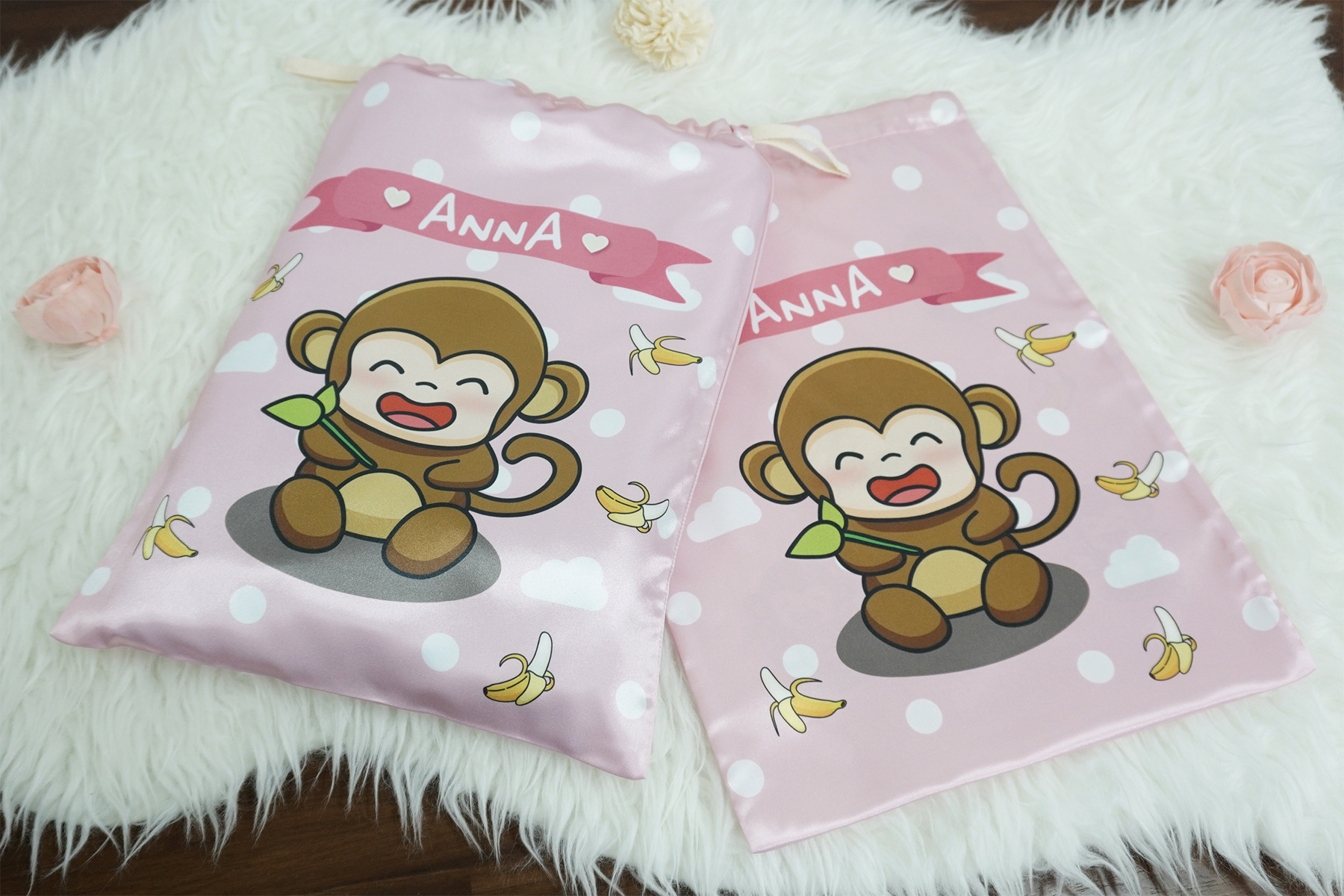 ถุงผ้าซาติน ไซส์ L สั่งทำใส่ชื่อ - Monkey - Pink