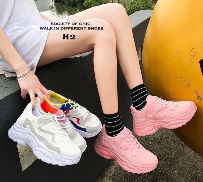 รองเท้าผ้าใบเสริมส้นทรง Sportแต่งลาย (สีชมพู)