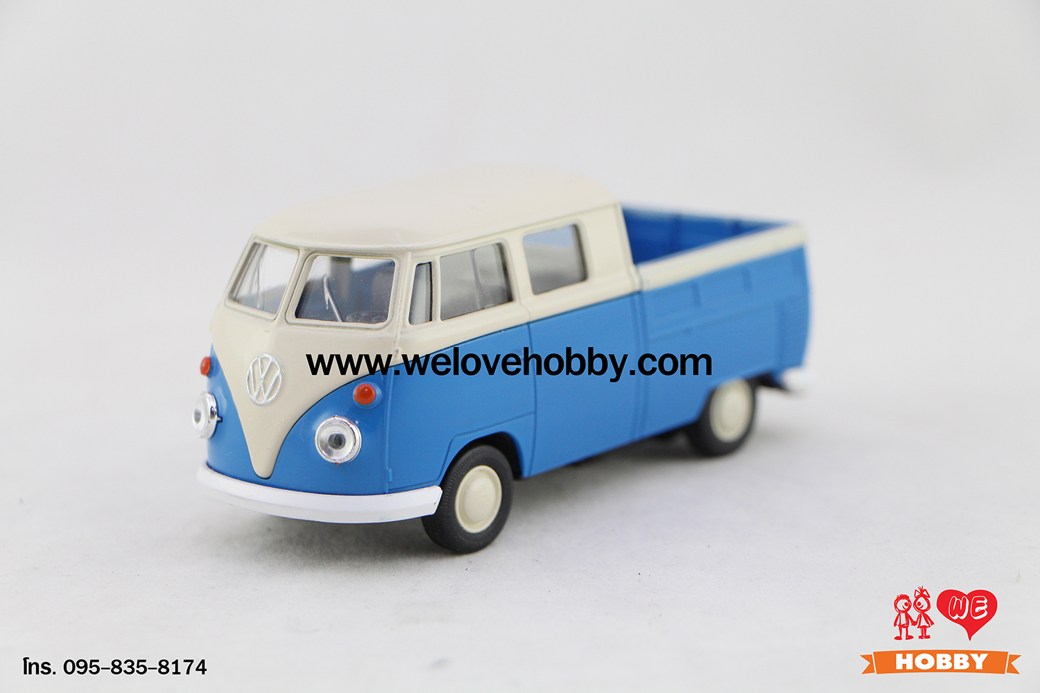 โมเดลรถกระบะโฟล์คคลาสสิค Volkswagen Type 1 Double Cabin Pick Up สีน้ำเงิน-ครีม Scale 1:34-1:39