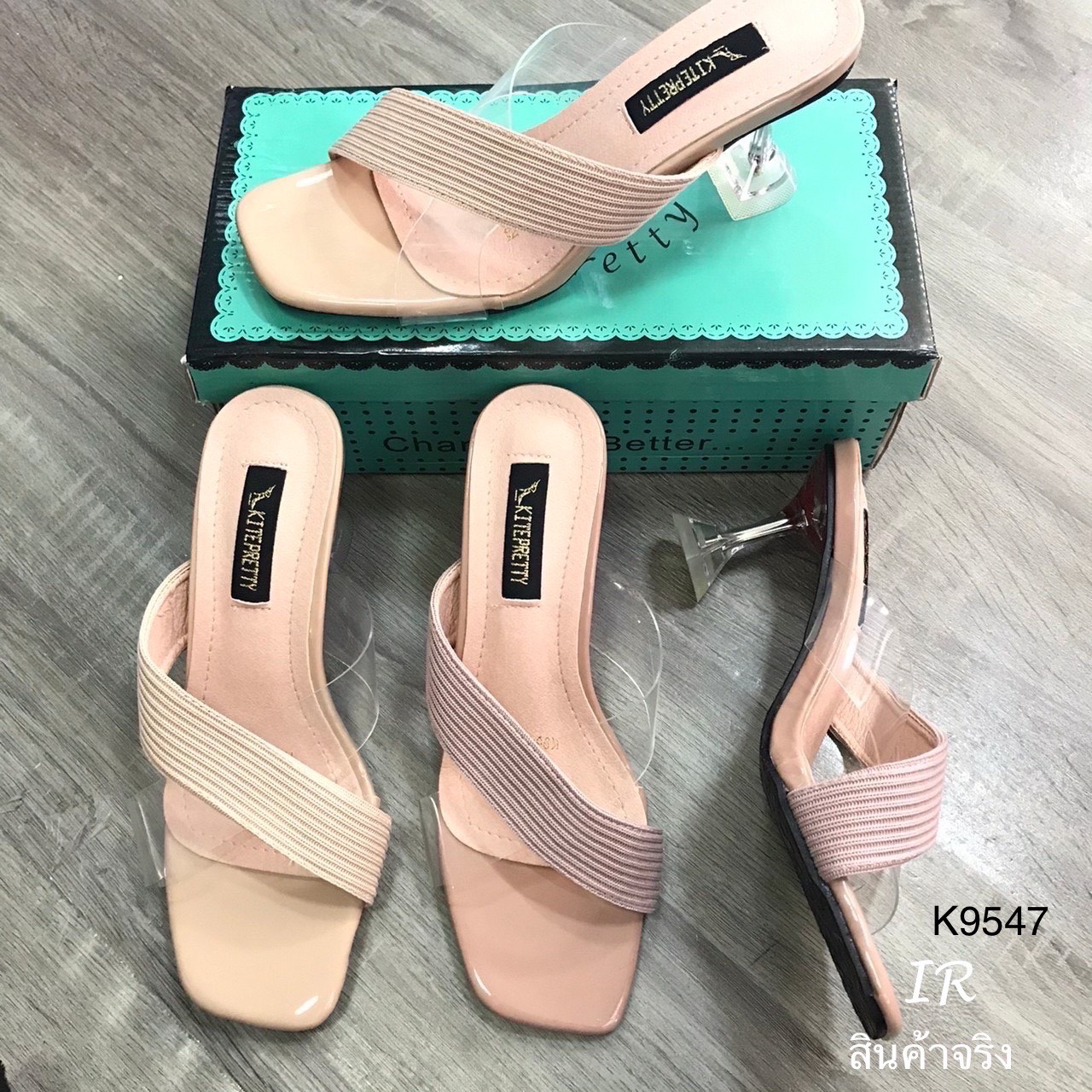 รองเท้าส้นแก้วเปิดส้นสายไขว้ (สีชมพู)