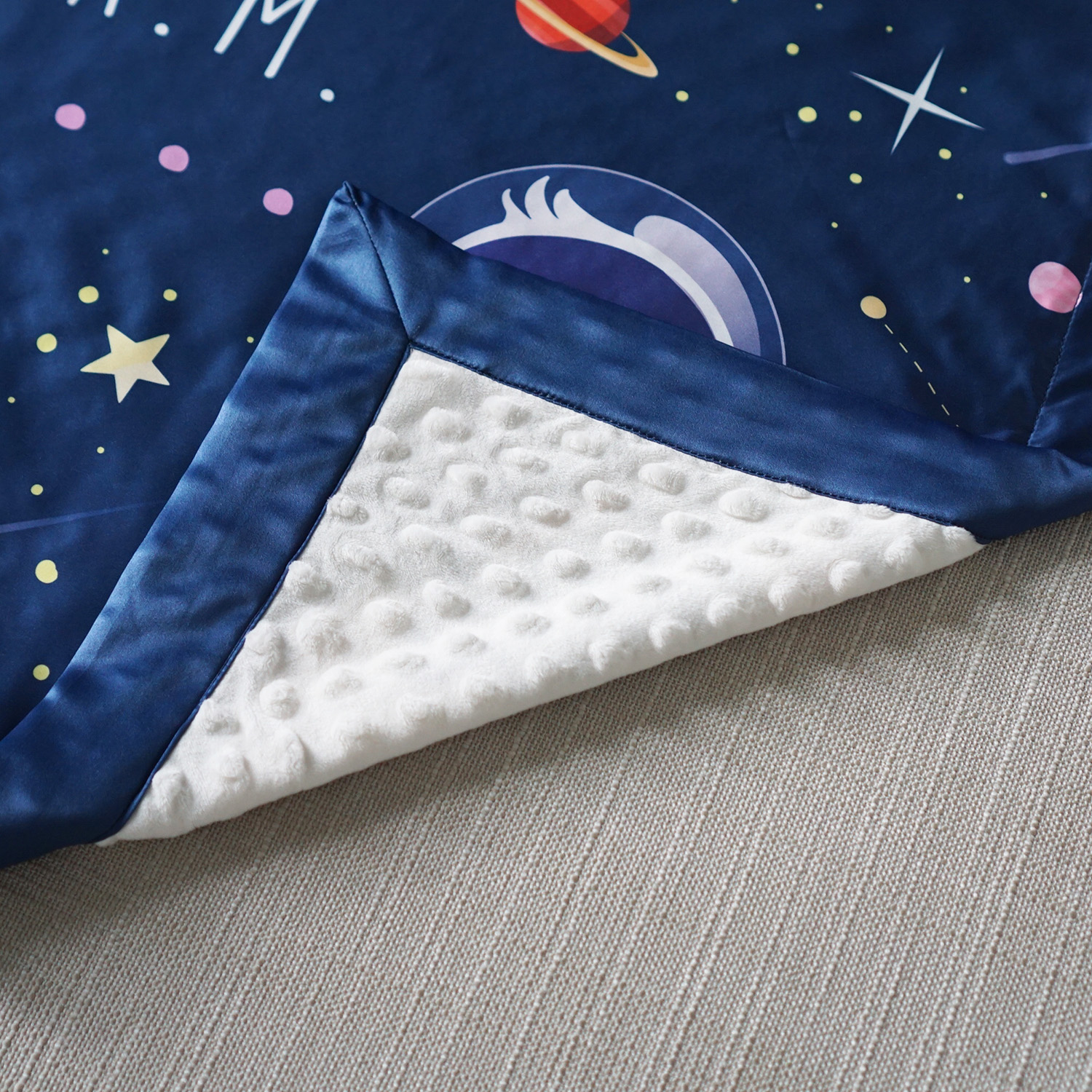 ผ้าห่มเด็ก ใส่ประวัติแรกเกิด ลาย Space - Navy + ใส่รูปถ่าย