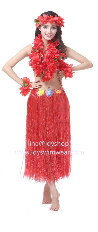 แบบที่ 3 ขนาดยาว 80 cm สีแดง กระโปรงเชือกฟาง ฮาวาย อย่างหนา + เซทพวงมาลัยดอกไม้ 4 ชิ้น+บราดอกไม้