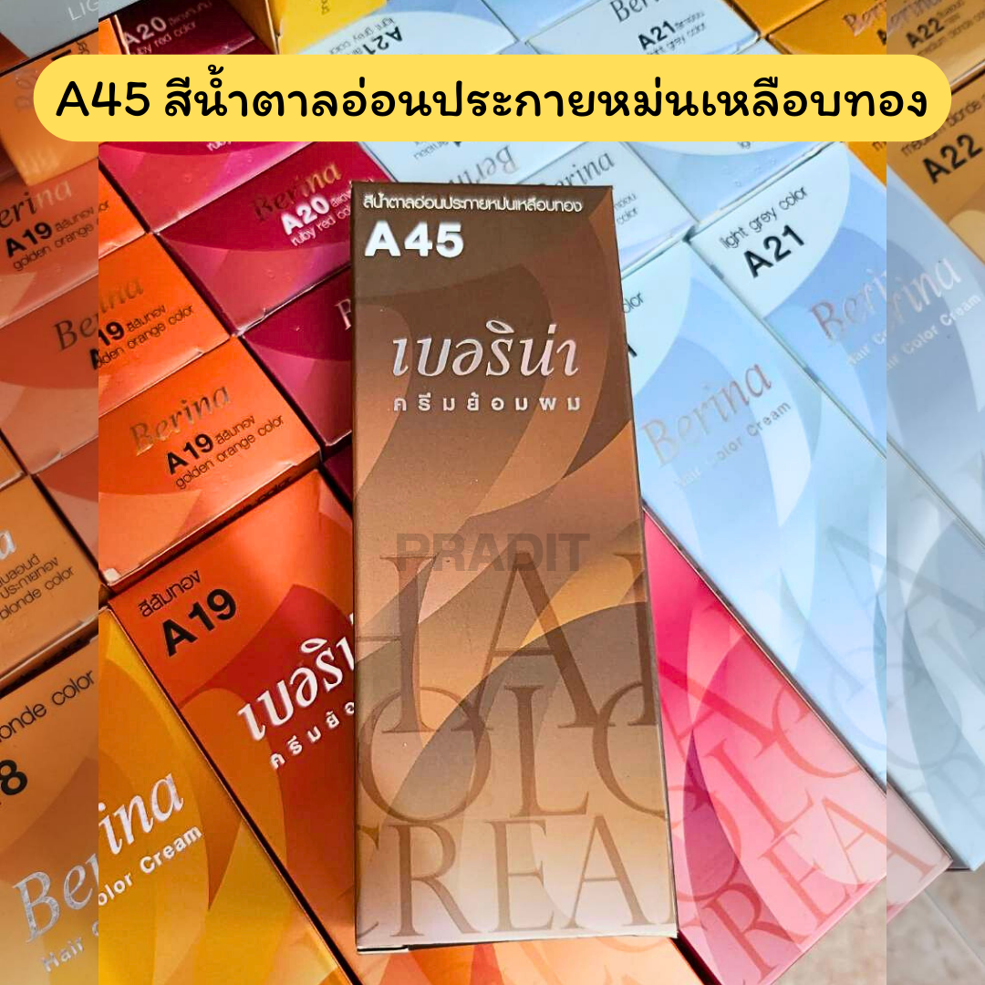 Berina Hair Color เบอร์ A45 สีน้ำตาลอ่อนประกายหม่นเหลือบทอง 121 กรัม