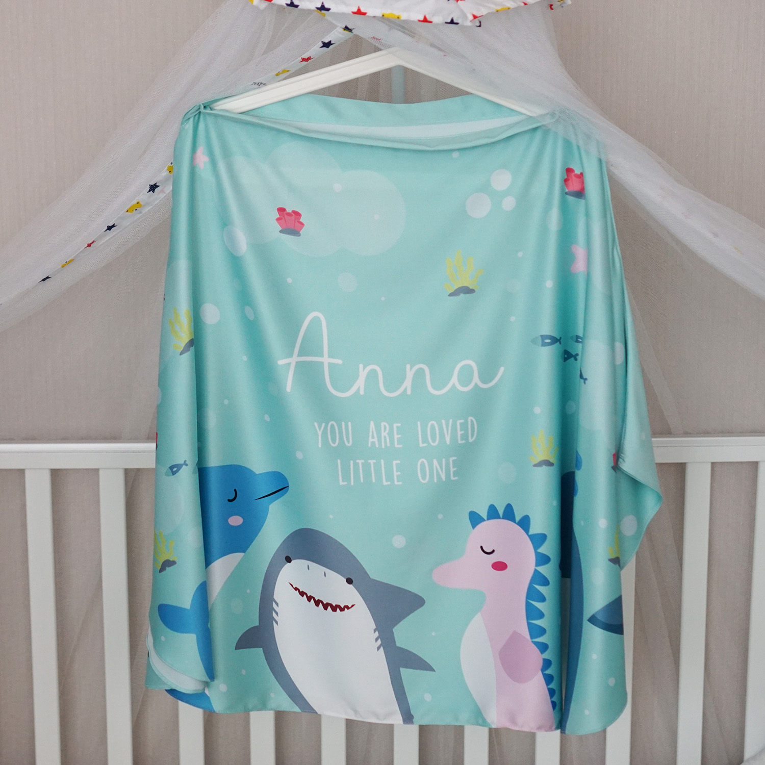 ผ้าคลุมให้นม สั่งทำใส่ชือ ลาย Sea Party - Mint