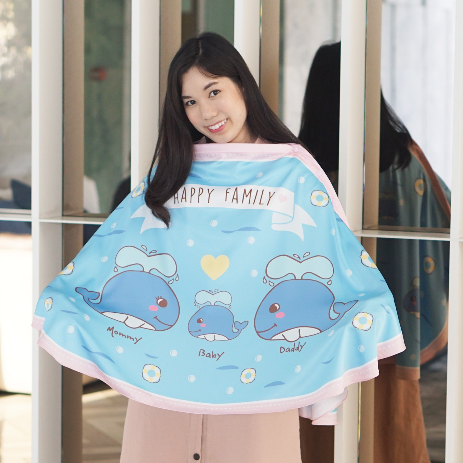 ผ้าคลุมให้นม 3in1 (รุ่นมีกระดุม ถอดโครงได้) แบบสั่งทำใส่ชื่อ ลาย Whale - Blue