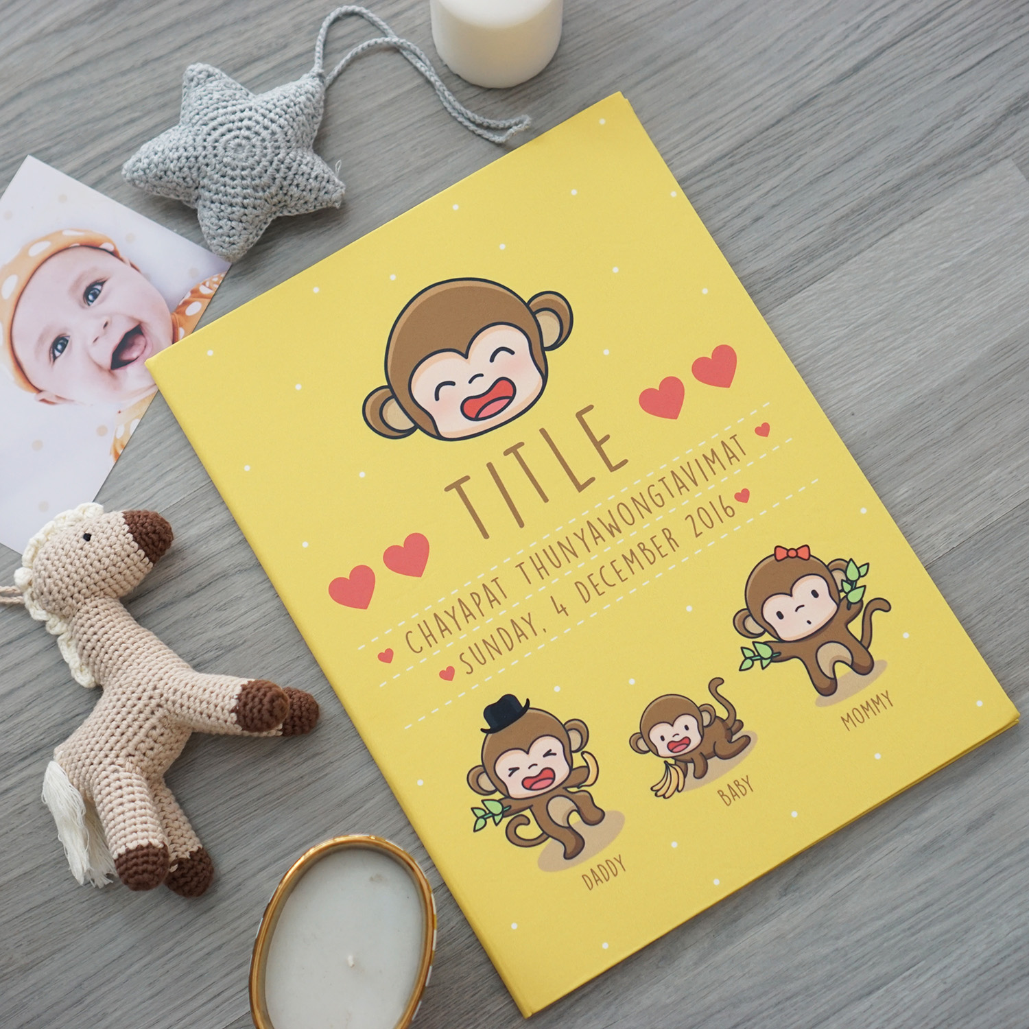 แฟ้มทะเบียนสมรส/สูติบัตร สั่งทำใส่ข้อความ ลาย Monkey - Yellow