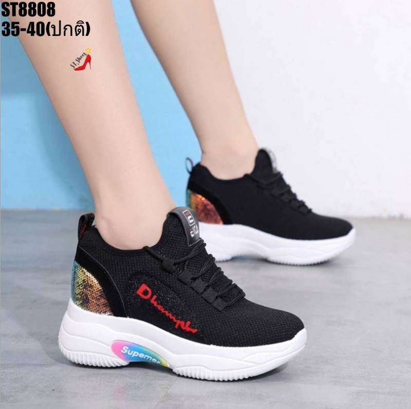 รองเท้าผ้าใบเสริมส้นปักเหลื่อมสไตล์Sport (สีดำ)