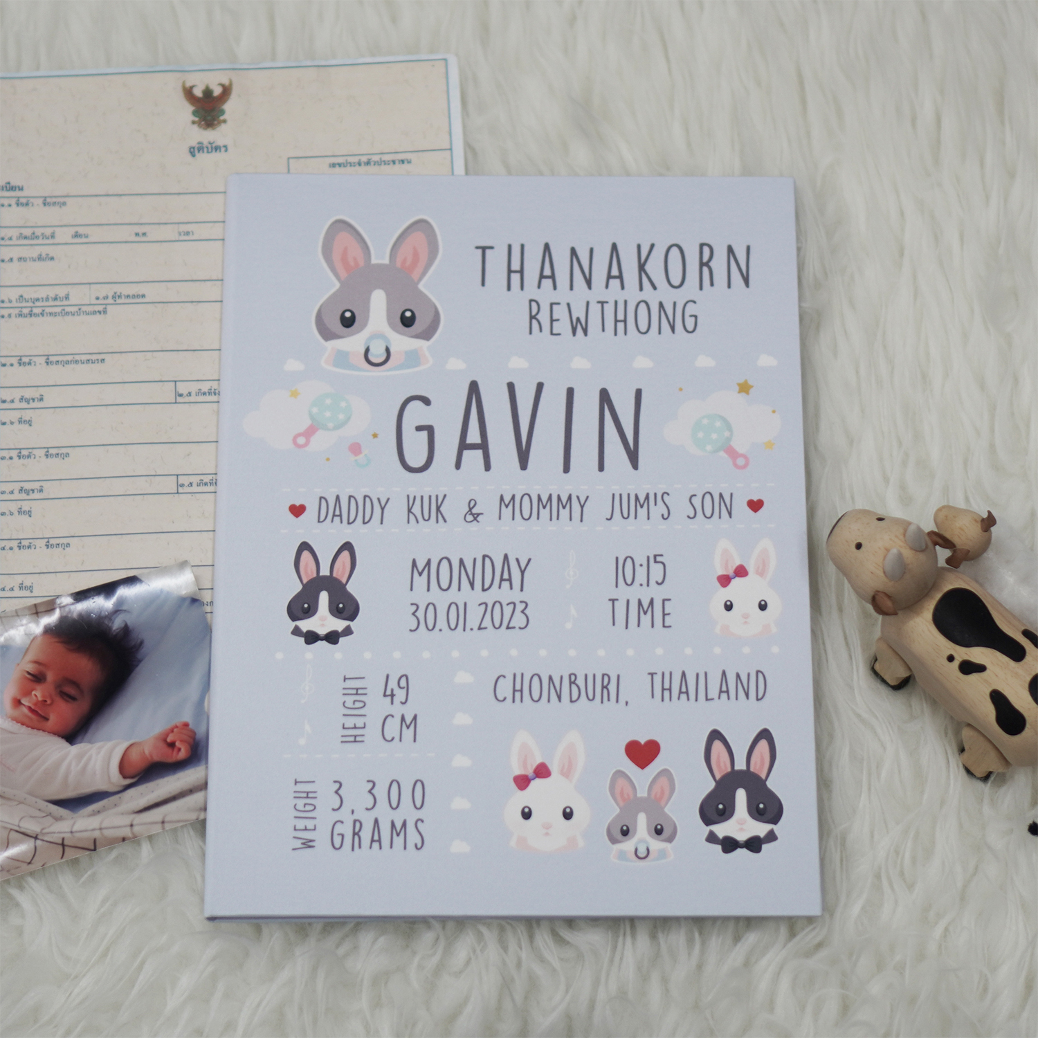 แฟ้มทะเบียนสมรส/สูติบัตร สั่งทำใส่ข้อความ ลาย Rabbit - Blue