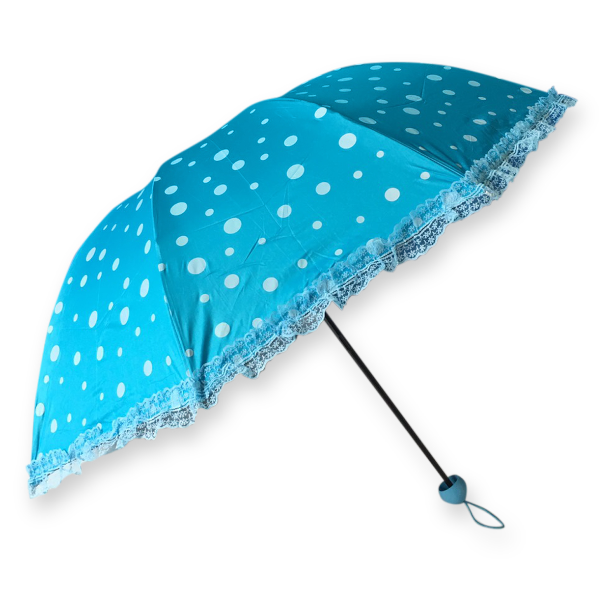 ร่มโค้งแฟชั่นลายจุดโดนแสงเปลียนสีได้ไม้มีระบายยูวีสีดำ