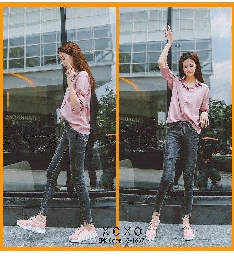 รองเท้าผ้าใบทรง Sport แต่งโลโก้X (สีชมพู)