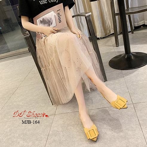 รองเท้าคัทชูส้นแบนแต่งโบว์เข็มขัด (สีเขียว)