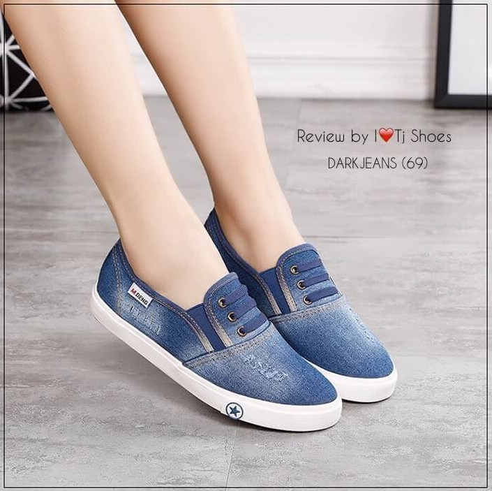 รองเท้าผ้าใบยีนส์ Slip on แต่งเชือก (สีอ่อน)