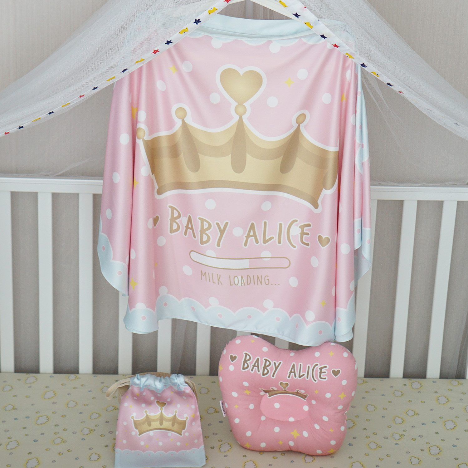 ชุดของขวัญเด็กแรกเกิด BP3 หมอนหลุม + ผ้าคลุมให้นม ลาย Princess - Pink