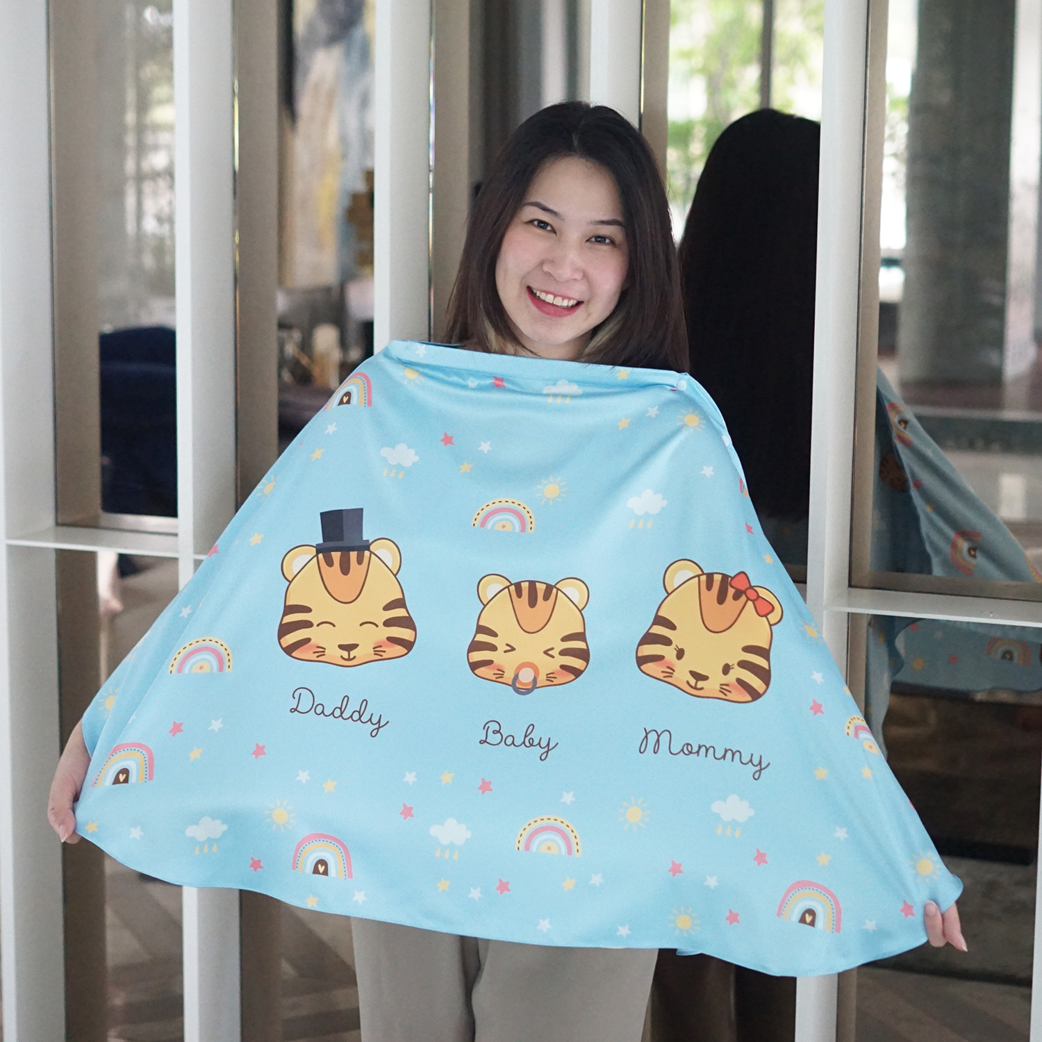 ผ้าคลุมให้นม 3in1 (รุ่นมีกระดุม ถอดโครงได้) แบบสั่งทำใส่ชื่อ ลาย Tiger - Blue