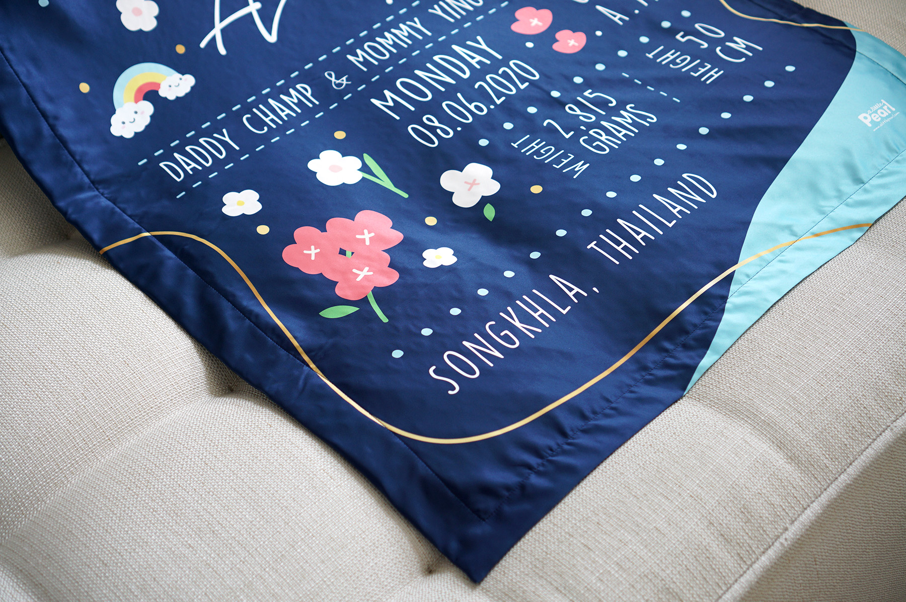 ผ้าห่มเด็ก ใส่ประวัติแรกเกิด ลาย Flower and Rainbow - Navy